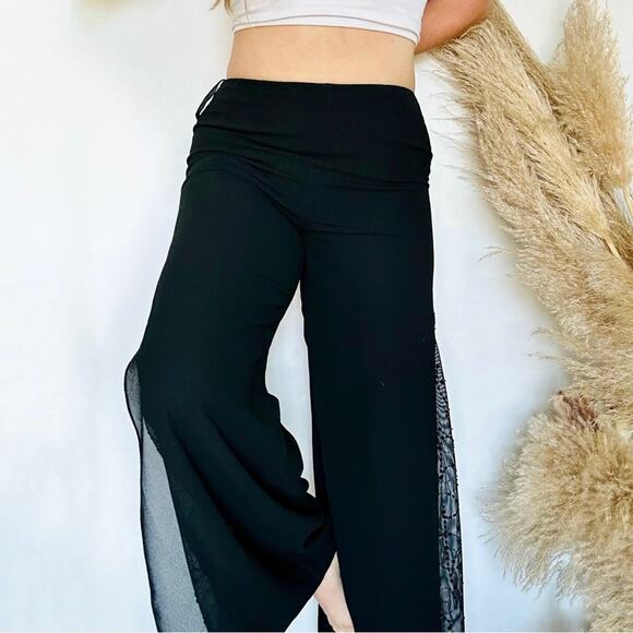 VINTAGE Black Sheer Panel Beaded Sequins High Rise Wide Leg Flare Dress Pants 8 - Picture 2 of 13